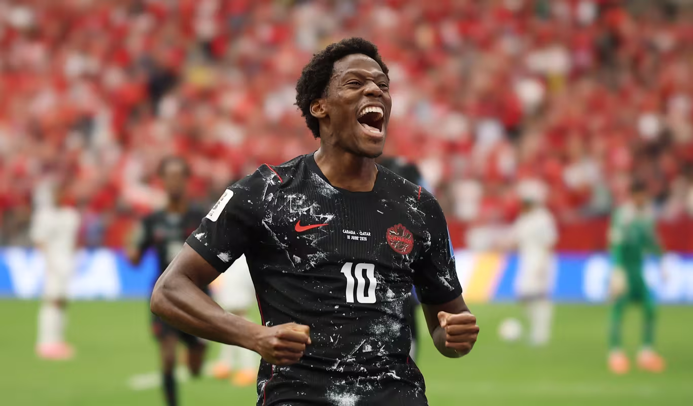 Jonathan David of Canada Celebrates Scoring His Team S Second Goal During the Fifa World Cup 2026 Group B Match Between Canada and Qatar
